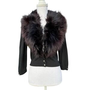 Vintage Jaymar Black Cardigan Sweater Faux Fur Collar‎ Rhinestone Buttons